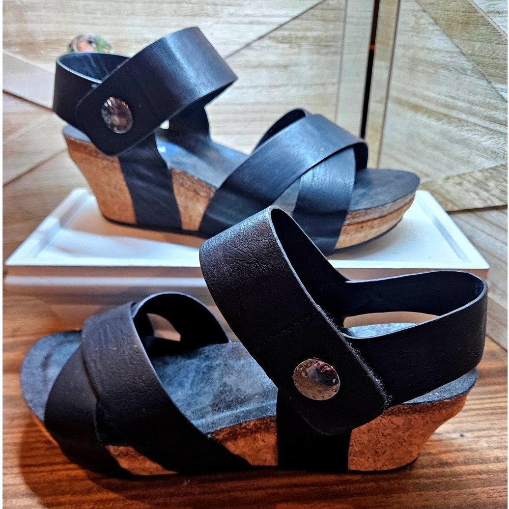 Natural Boho Wedge Chunky Sandals Wmn Sz 8 Black Cork Strappy Ankle Strap #560